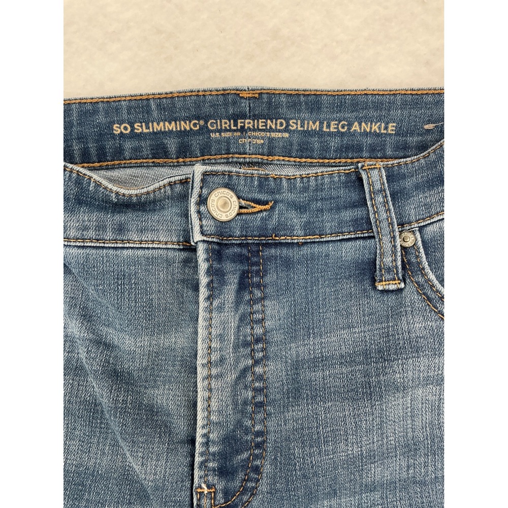 Chico's Girlfriend Ankle Jeans Women 1 Blue So Slimming Floral Embroidered Cuff - Picture 4 of 11